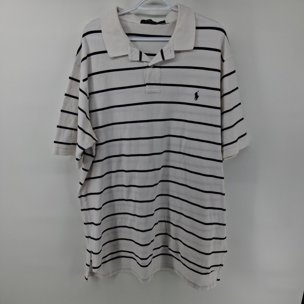 Polo Ralph Lauren Mens 2XLT White Navy Striped Pique Cotton Polo Shirt Tall